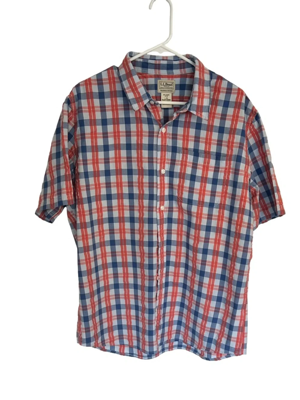 L.L. Bean Red, Blue & White Short Sleeve Plaid Cotton Button-Down Shirt. Size L - Picture 3 of 11